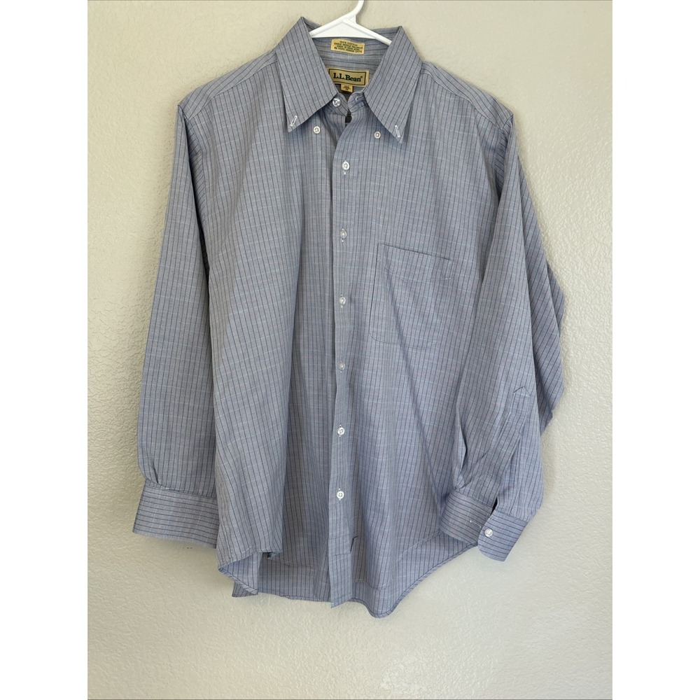 LL Bean Button Up Shirt Mens 15 1/2 Neck 32 Sleeve Long Sleeve Blue White Check